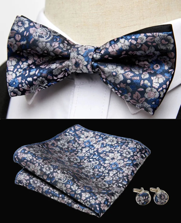 HUISHI Classic Blue Bowties For Men Paisley Floral Bow Tie Pocket Square Cufflinks Suit Set Wedding Party Plaid Solid Butterfly