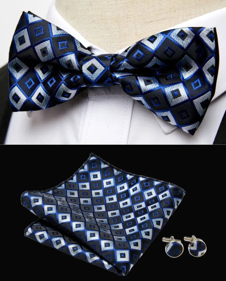 HUISHI Classic Blue Bowties For Men Paisley Floral Bow Tie Pocket Square Cufflinks Suit Set Wedding Party Plaid Solid Butterfly