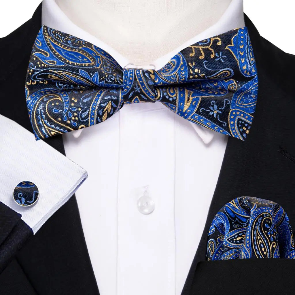 Barry.Wang Nœud papillon en soie bleu marine royal bleu ciel pour homme, ensemble de boutons de manchette, mouchoir, motif cachemire jacquard, motif floral, pour mariage et affaires