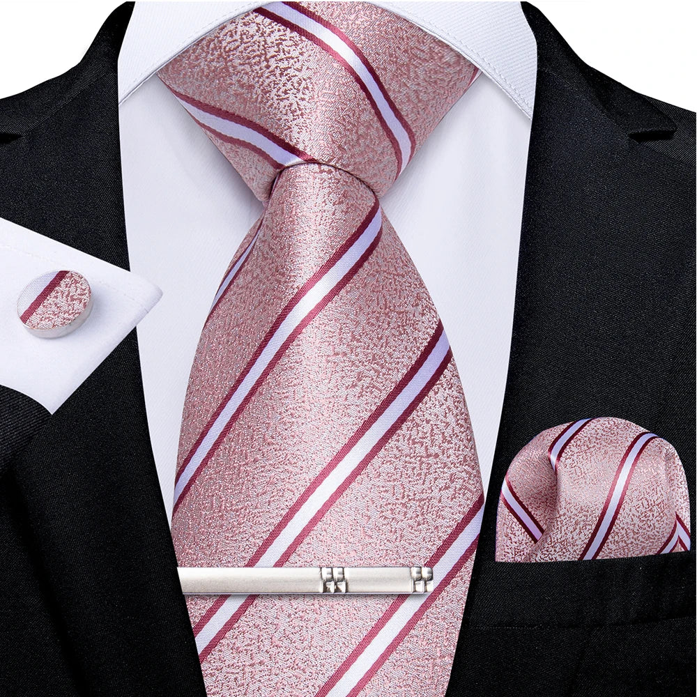 Ensemble cravate homme en soie à rayures roses, motif floral, motif cachemire uni, 8 cm, mouchoir, boutons de manchette, accessoires de mariage, de bal, cravate