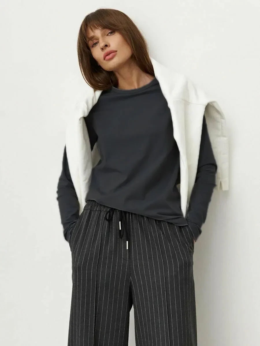 Camiseta Bornladies para mujer, 100 % algodón, básica, lisa, de manga larga, holgada, de gran tamaño, para primavera y otoño