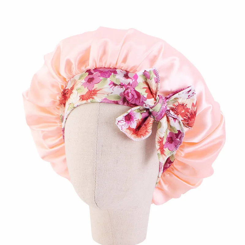 Bonnet de nuit pour enfants et filles, imprimé floral, bonnet de nuit en satin, turban, bonnet de nuit pour enfants, bonnet de soins capillaires, bonnet de nuit