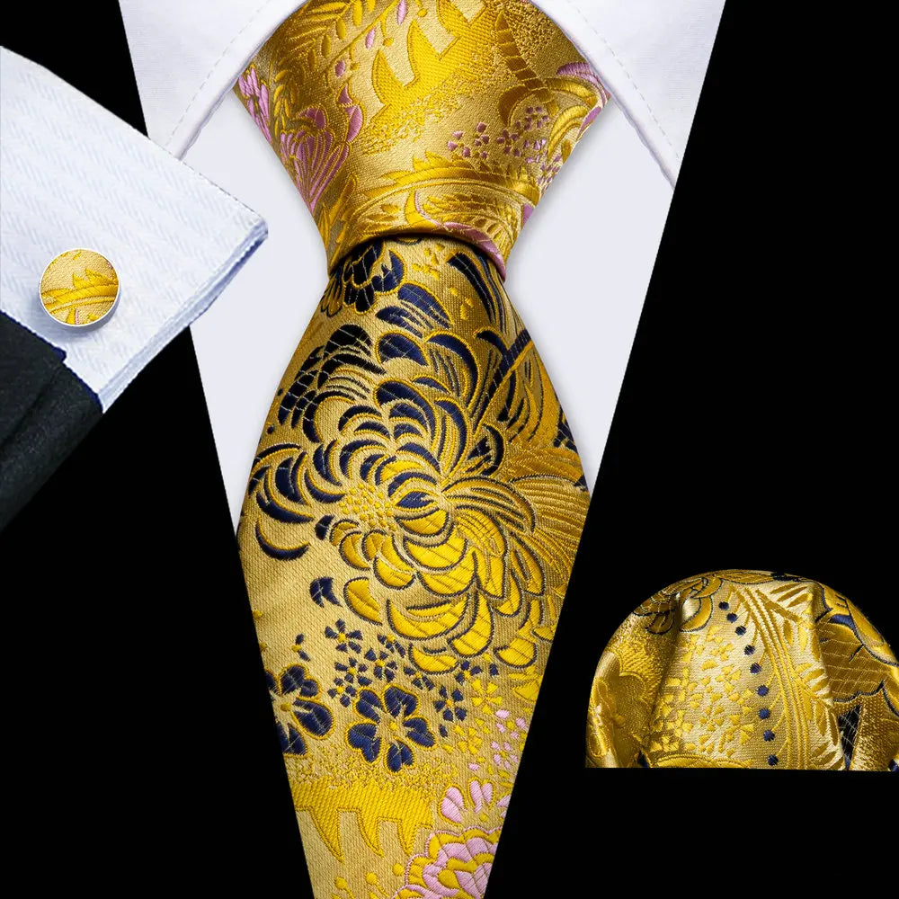 Cravate de mariage noire, dorée et rose pour homme, en soie florale, motif jacquard, pochette, boutons de manchette, pour soirée d'affaires, Barry.Wang