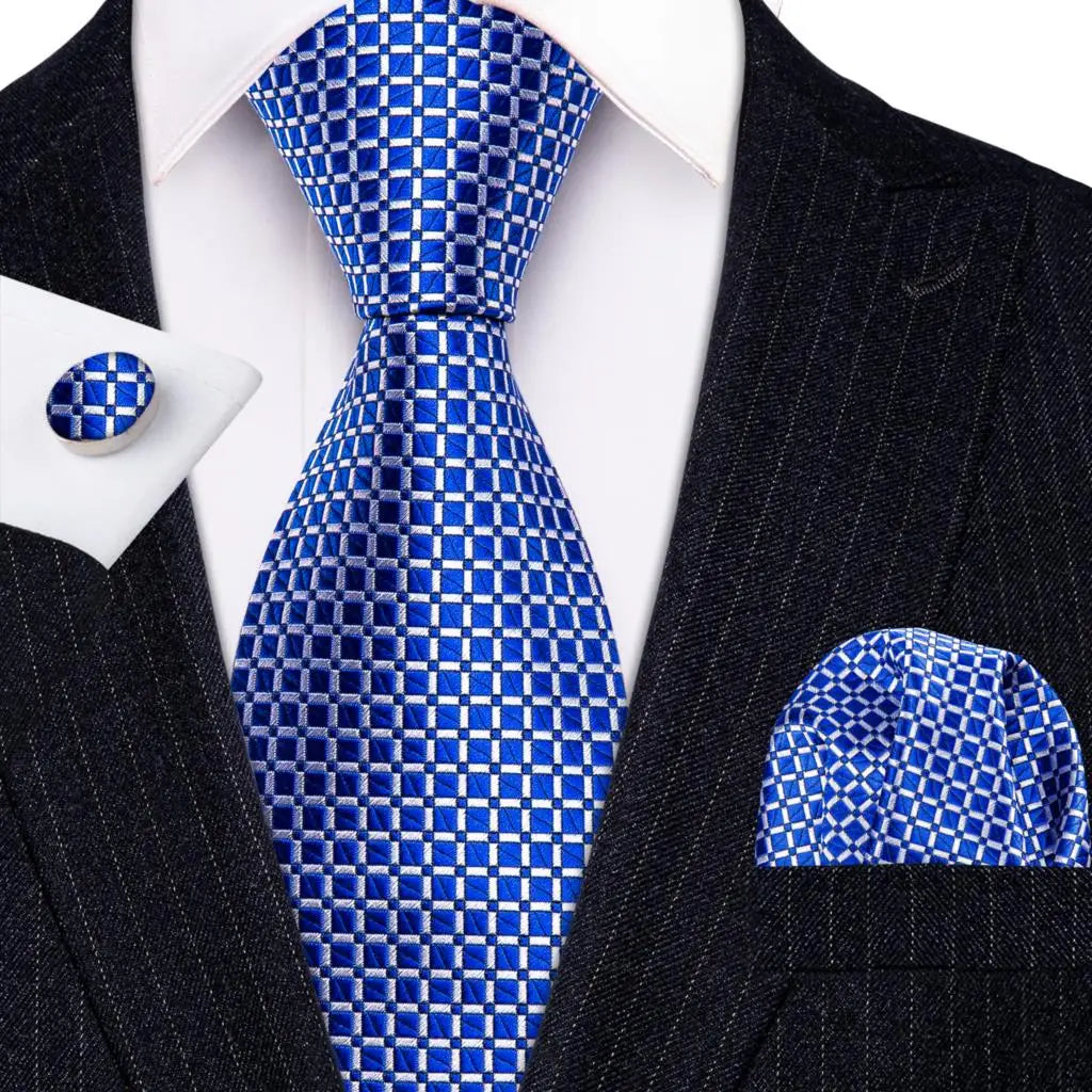 Barry.Wang Ensemble cravate et mouchoir en soie à carreaux pour homme, motif jacquard, idéal pour un mariage, un marié ou une équipe