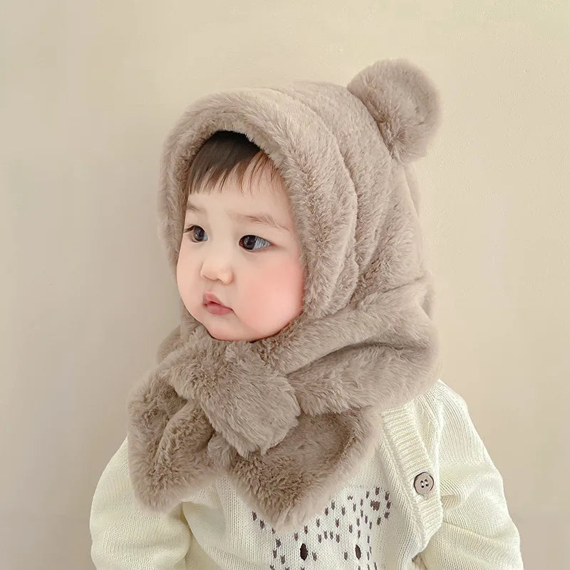 Bonnet d'hiver pour bébé, écharpe, une pièce, fausse fourrure, chapeau pour enfants, dessin animé, ours, chaud, cou, oreilles, bonnet coupe-vent pour garçons et filles, articles pour bébés