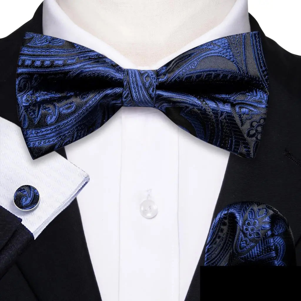 Barry.Wang Nœud papillon en soie bleu marine royal bleu ciel pour homme, ensemble de boutons de manchette, mouchoir, motif cachemire jacquard, motif floral, pour mariage et affaires