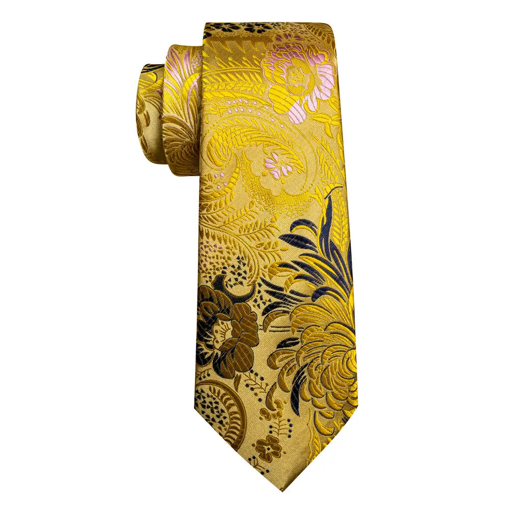 Cravate de mariage noire, dorée et rose pour homme, en soie florale, motif jacquard, pochette, boutons de manchette, pour soirée d'affaires, Barry.Wang