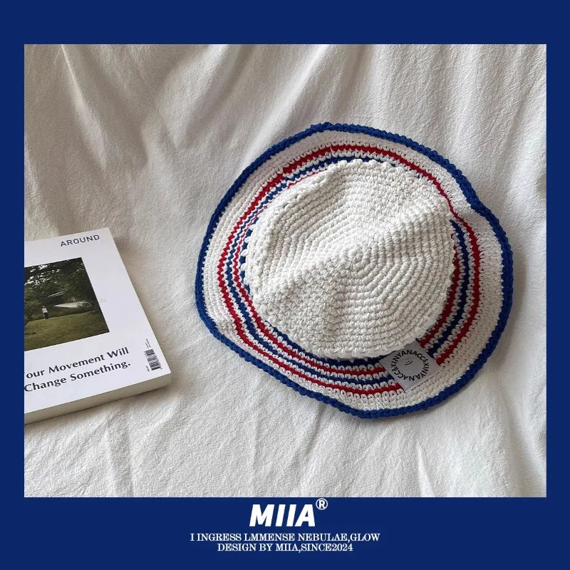 Spring and Summer Hand-knitted Wool Hollow Men Bucket Hat Outdoor Sunshade Breathable Soft Top Color Matching Women's Sun Cap