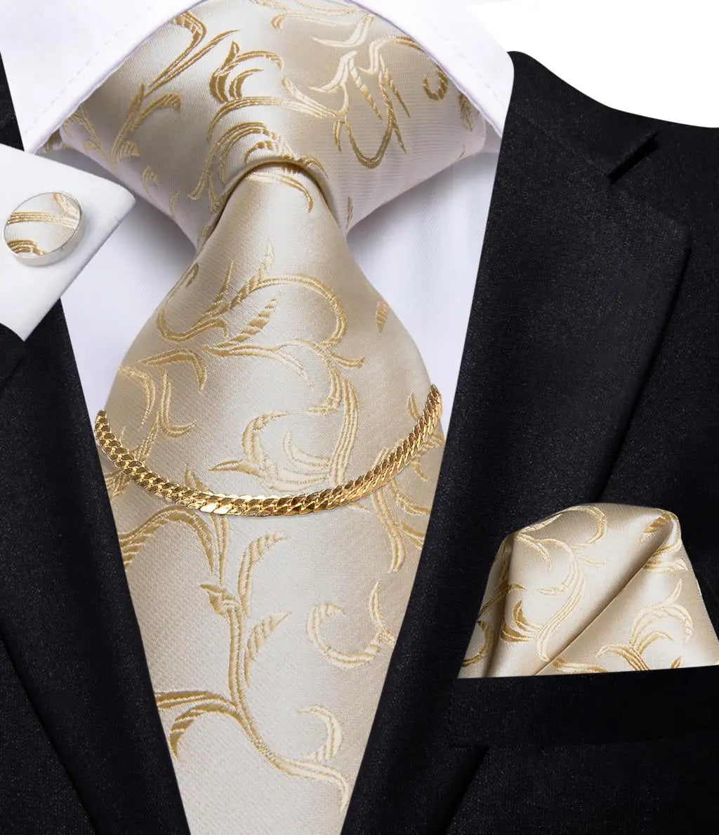 Hi-Tie Business Black Luxury Plaid Mens Tie Silk Neckties Fashion Tie Chain Hanky Cufflinks Set Design Gift For Men Wedding