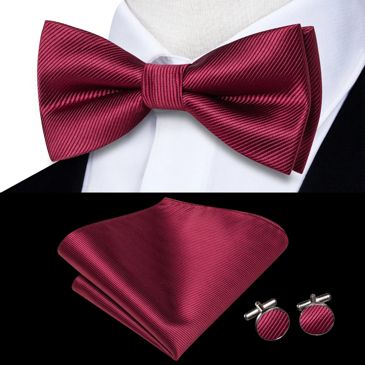 Hi-Tie Jacquard Silk Nœud papillon pour homme, ensemble de boutons de manchette et mouchoir, nœud papillon pré-noué, noir, blanc, gris, bleu, rouge, vert, rose, violet