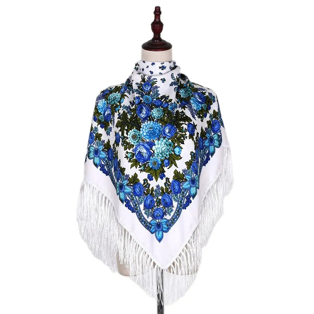 Foulard russe pour femme, carré à franges, bandana, foulard musulman, hijab, motif floral national, 110 x 110 cm