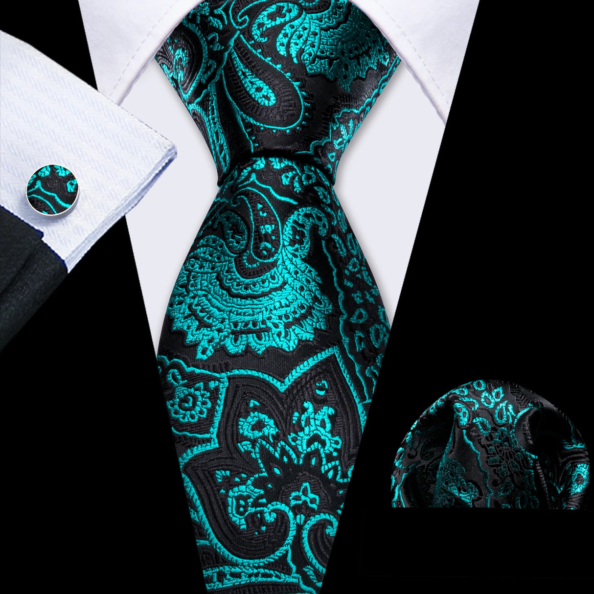 Cravate fantaisie en soie bleu sarcelle pour homme, marque de luxe solide, pochette, boutons de manchette, ensemble de cravates de haute qualité pour fête de mariage Barry.Wang
