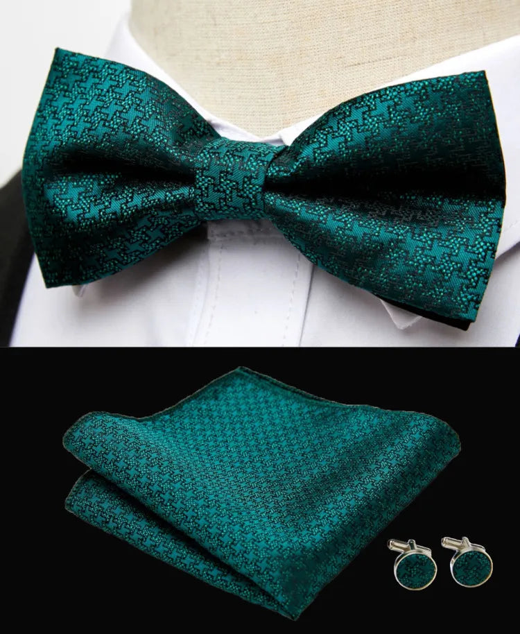 HUISHI Classic Blue Bowties For Men Paisley Floral Bow Tie Pocket Square Cufflinks Suit Set Wedding Party Plaid Solid Butterfly