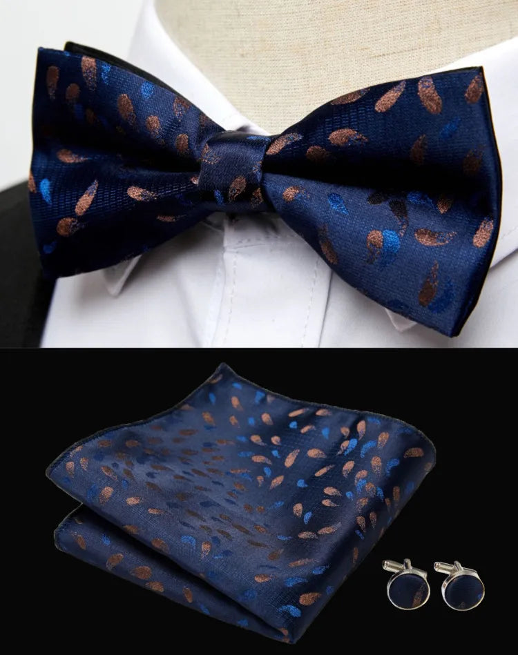 HUISHI Classic Blue Bowties For Men Paisley Floral Bow Tie Pocket Square Cufflinks Suit Set Wedding Party Plaid Solid Butterfly