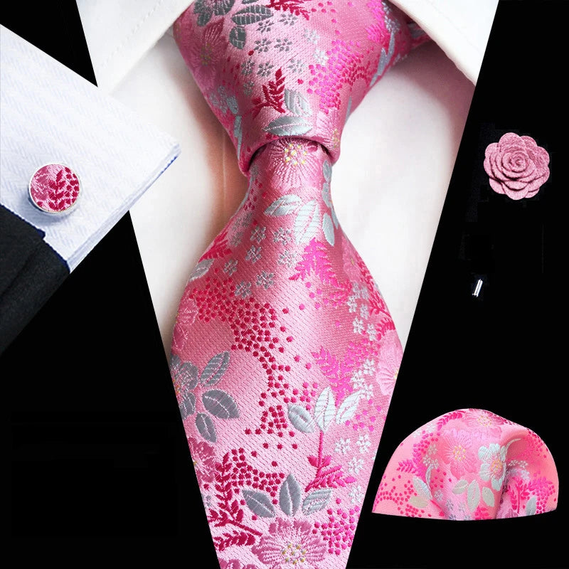 Ensemble de cravates en soie rose floral pour hommes, ensemble de cravates de fête de mariage, mouchoir, broche, boutons de manchette, accessoires pour hommes de haute qualité Gravata