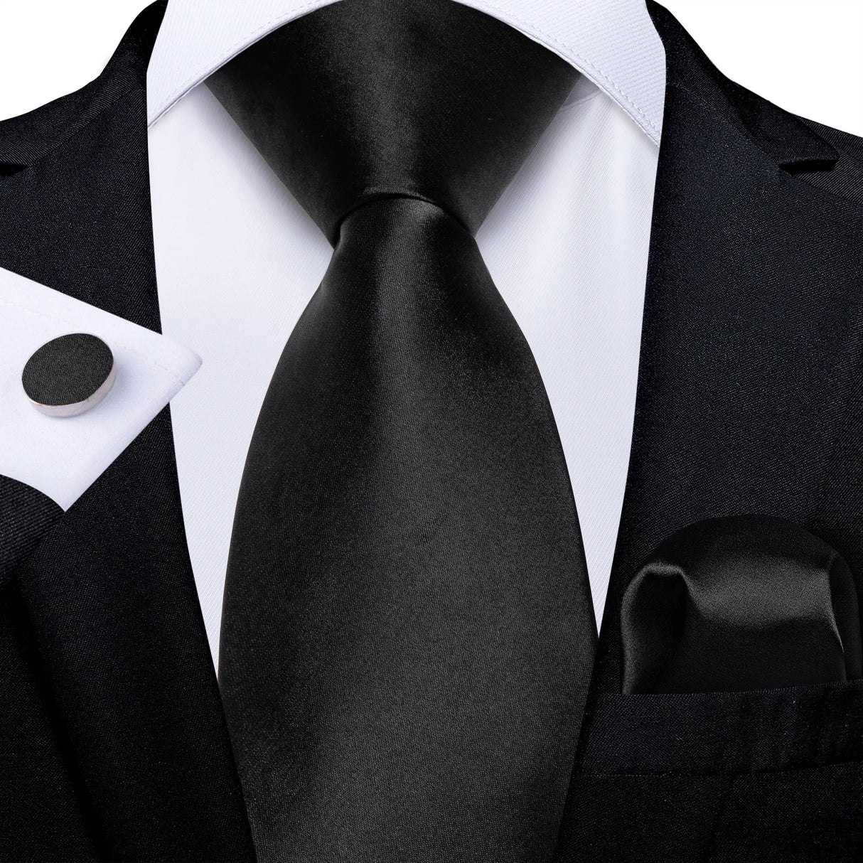 Cravate noire unie pour homme, 8 cm de large, en polyester, pour affaires, mariage, fête, pochette, boutons de manchette, cadeau pour mari