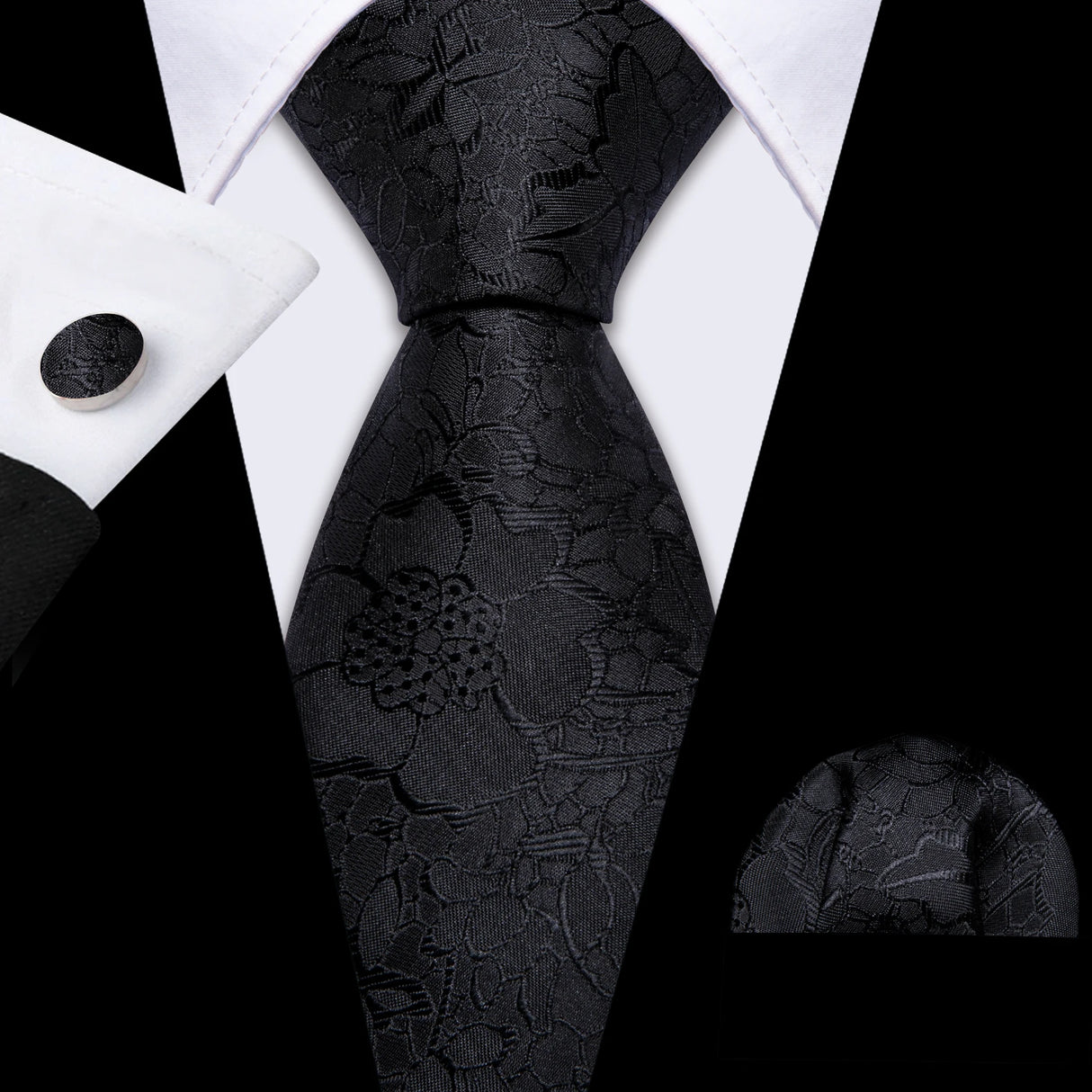 Cravates en soie noire pour hommes, classiques, solides, tissées de haute qualité, avec pochette et boutons de manchette, pour soirées formelles, design Barry.Wang