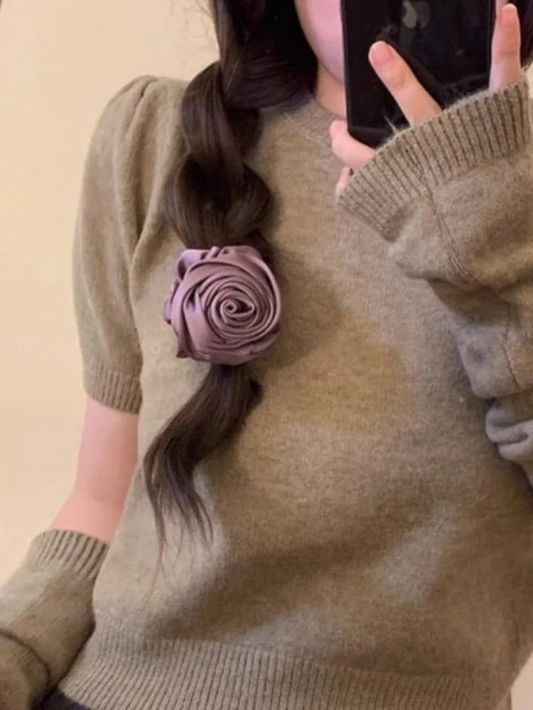 SIMPLEJEWEL™Handmade Rose Flower Elastics Hair Scrunchies, Ties Satin Scrunchies Hair Band Ponytail Holder Band Scrunchies Ring