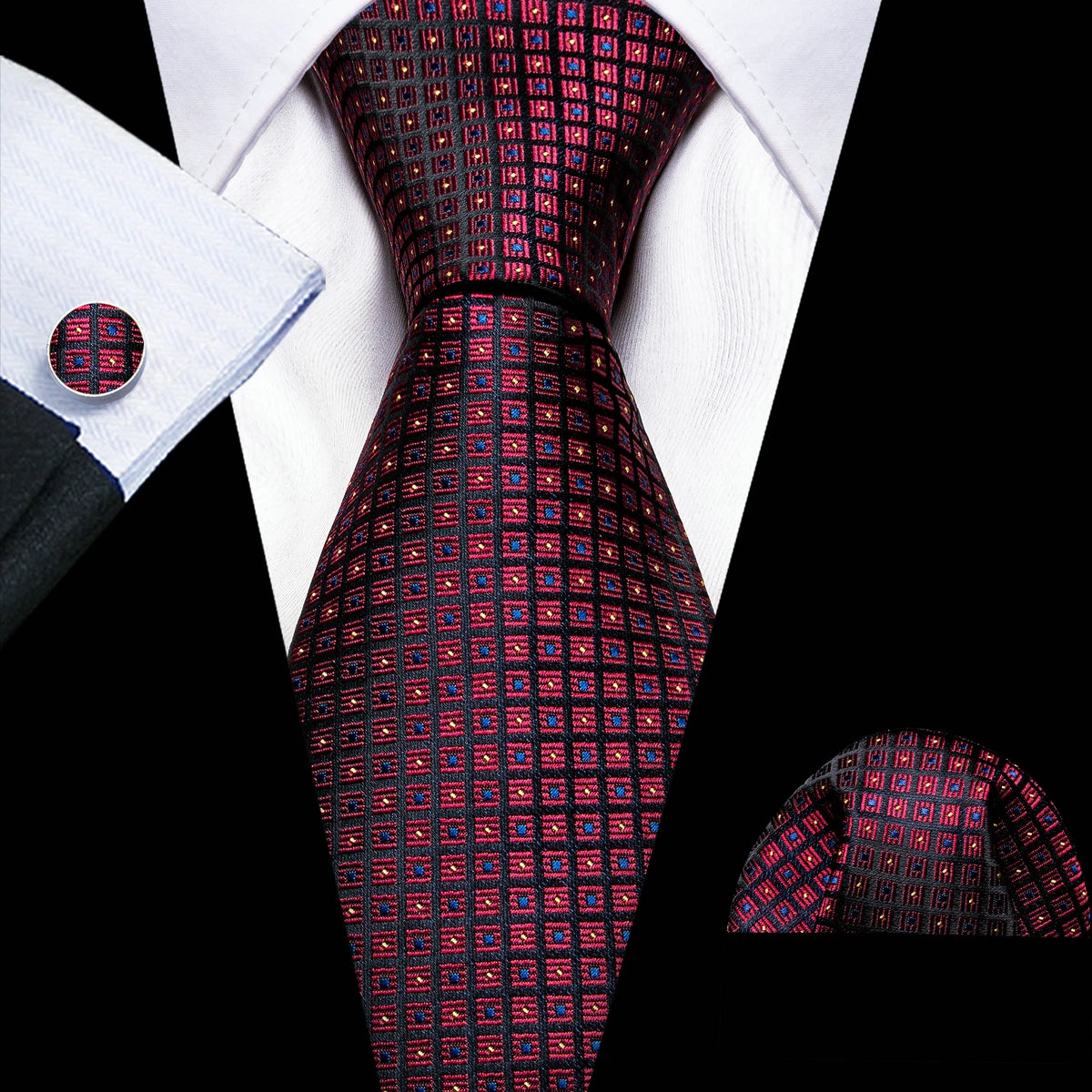 Cravate de mariage en soie rouge, tissée en jacquard, rayée, pour homme, ensemble cravate, mouchoir, boutons de manchette, Barry.Wang, créateur de mode FA-5028
