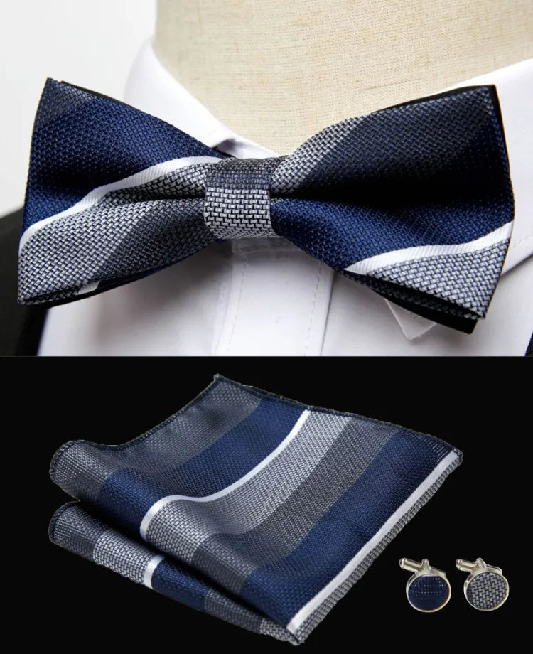 HUISHI Classic Blue Bowties For Men Paisley Floral Bow Tie Pocket Square Cufflinks Suit Set Wedding Party Plaid Solid Butterfly