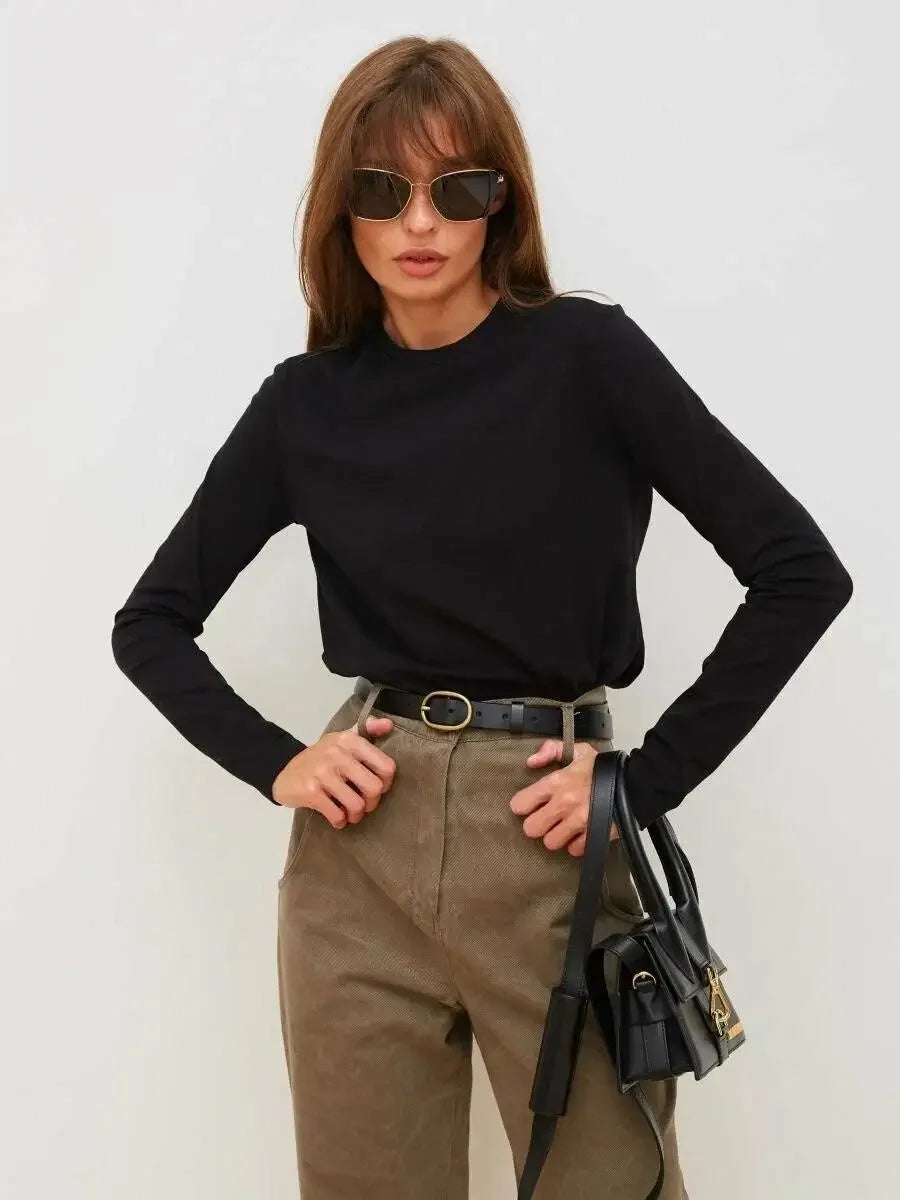 Camiseta Bornladies para mujer, 100 % algodón, básica, lisa, de manga larga, holgada, de gran tamaño, para primavera y otoño