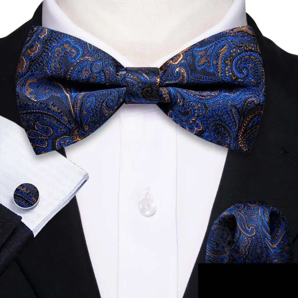 Barry.Wang Nœud papillon en soie bleu marine royal bleu ciel pour homme, ensemble de boutons de manchette, mouchoir, motif cachemire jacquard, motif floral, pour mariage et affaires