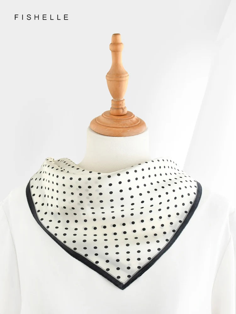 Foulard rétro en soie naturelle noire pour femme avec pois blancs, 100 % soie véritable, petit carré de 50 cm, cadeau tendance pour dames et filles