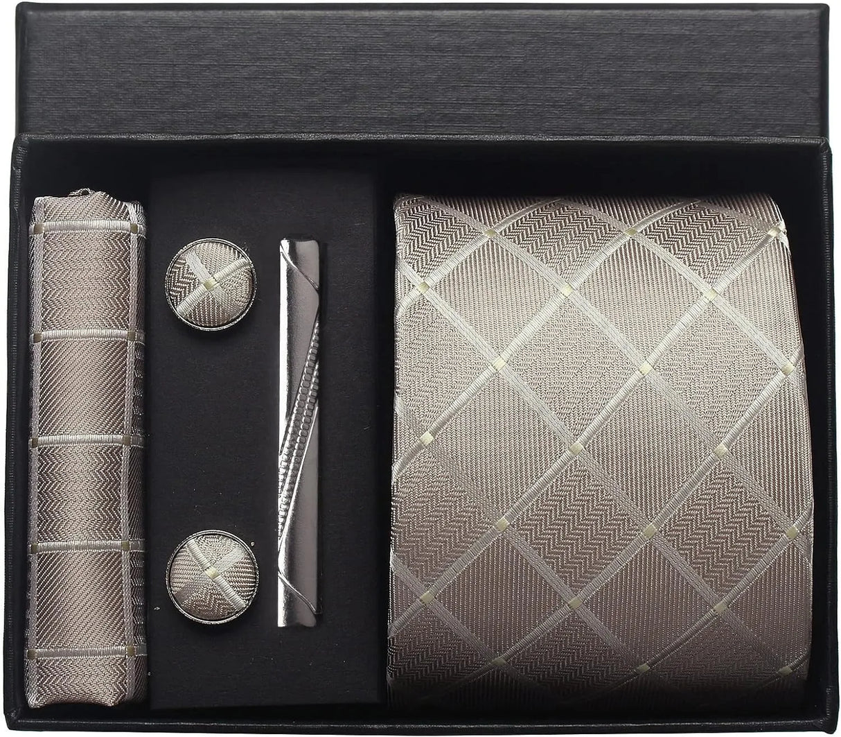 Classic 100% Silk Men's Ties In Gift box 8cm Plaid Dot Striped Business Necktie Handkerchief Cufflinks Wedding Party Tie Set