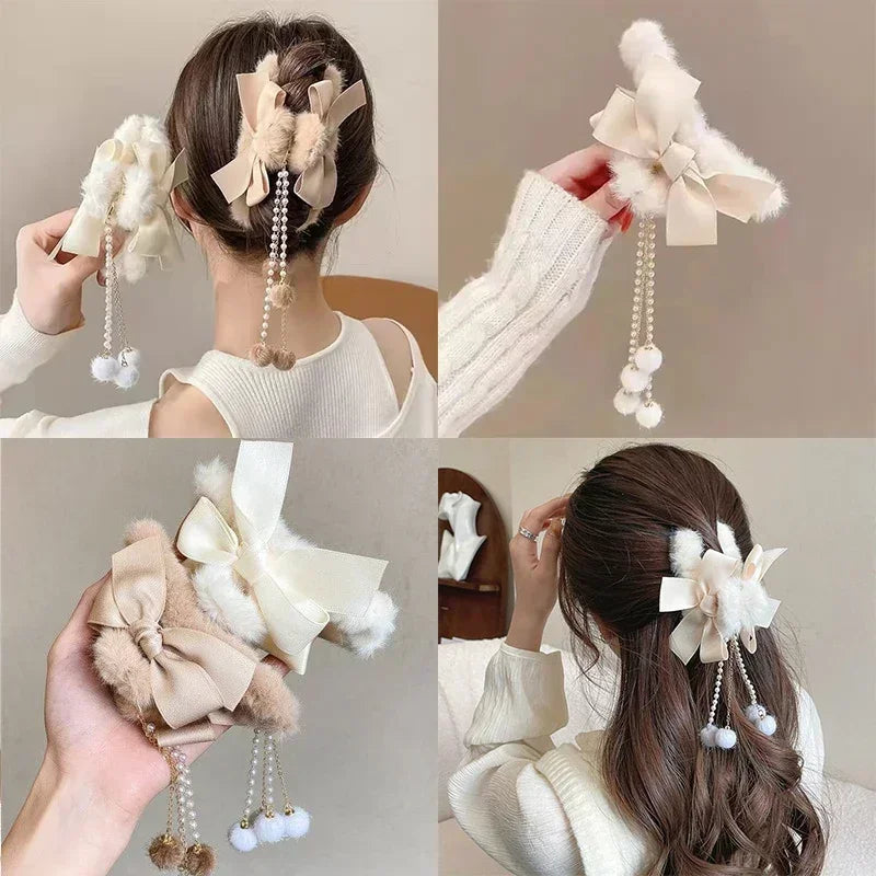 Pinces à cheveux tendance avec nœud et pompon, style coréen, queue de cheval, en peluche, griffe de requin, pour filles, cadeau d'automne et d'hiver