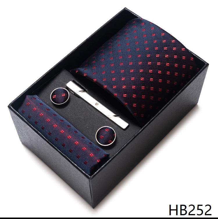 65 Colors Fashion Tie Handkerchief Set Tie Clip Necktie Box Man's Shirt Dark Red Accessories Men Wedding Holiday Gift