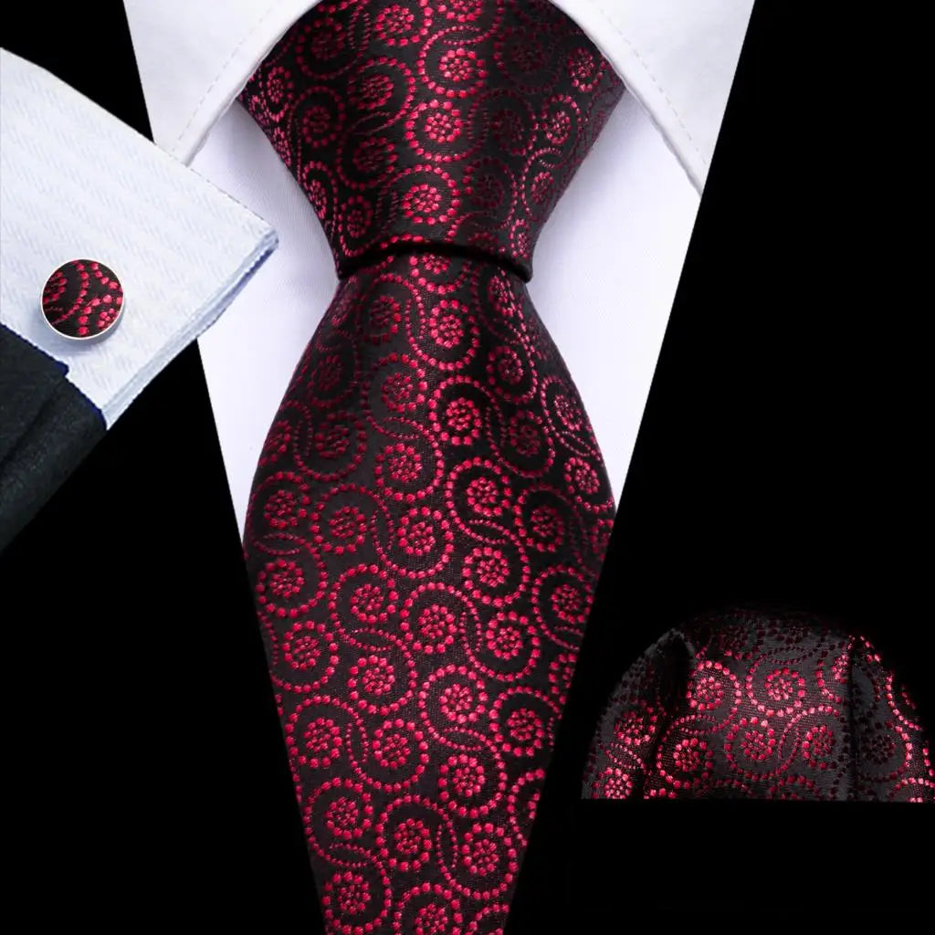 Barry.Wang Ensemble cravate et boutons de manchette en soie pour homme, motif jacquard, rouge, bordeaux, rose, pour mariage, affaires, fête