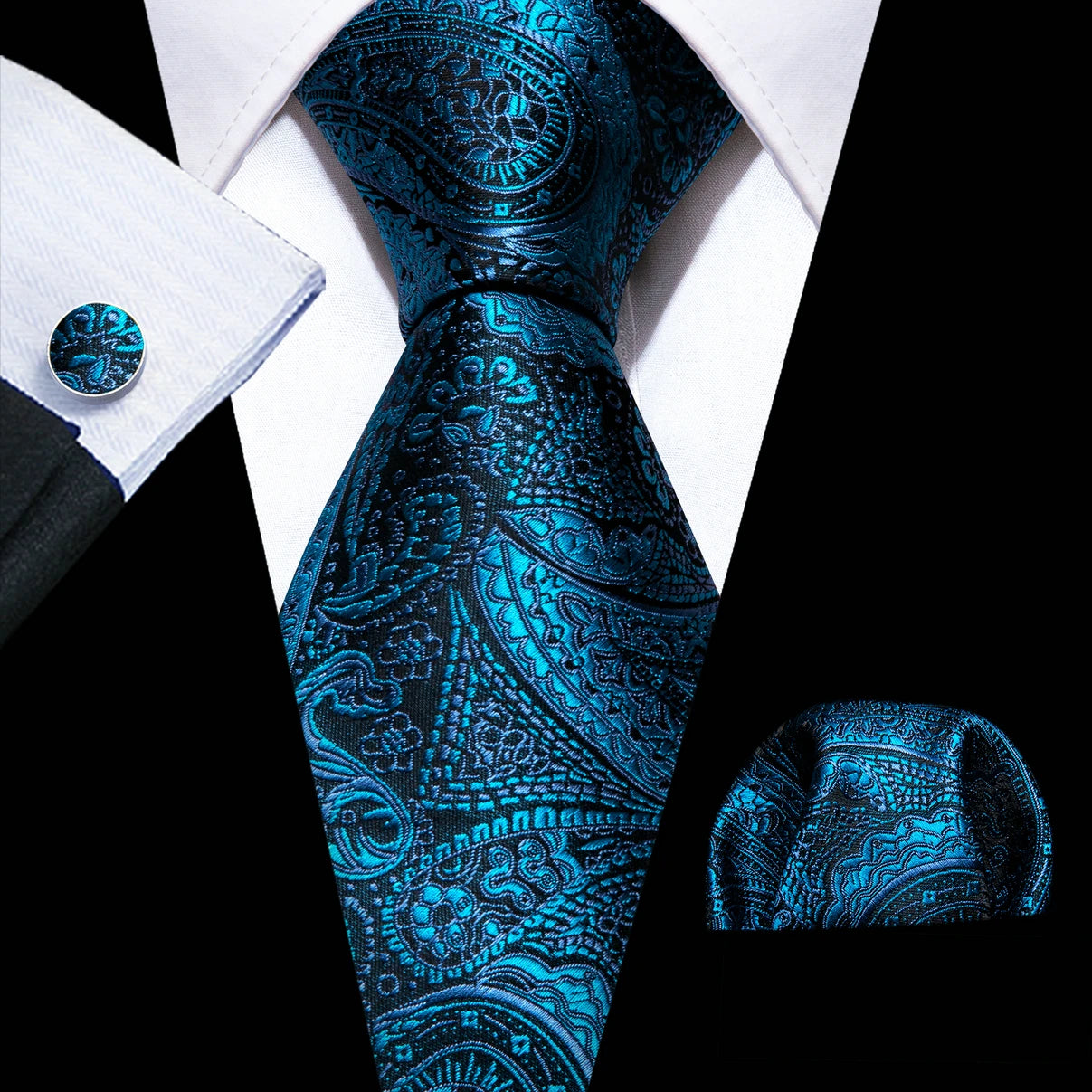 Cravate fantaisie en soie bleu sarcelle pour homme, marque de luxe solide, pochette, boutons de manchette, ensemble de cravates de haute qualité pour fête de mariage Barry.Wang