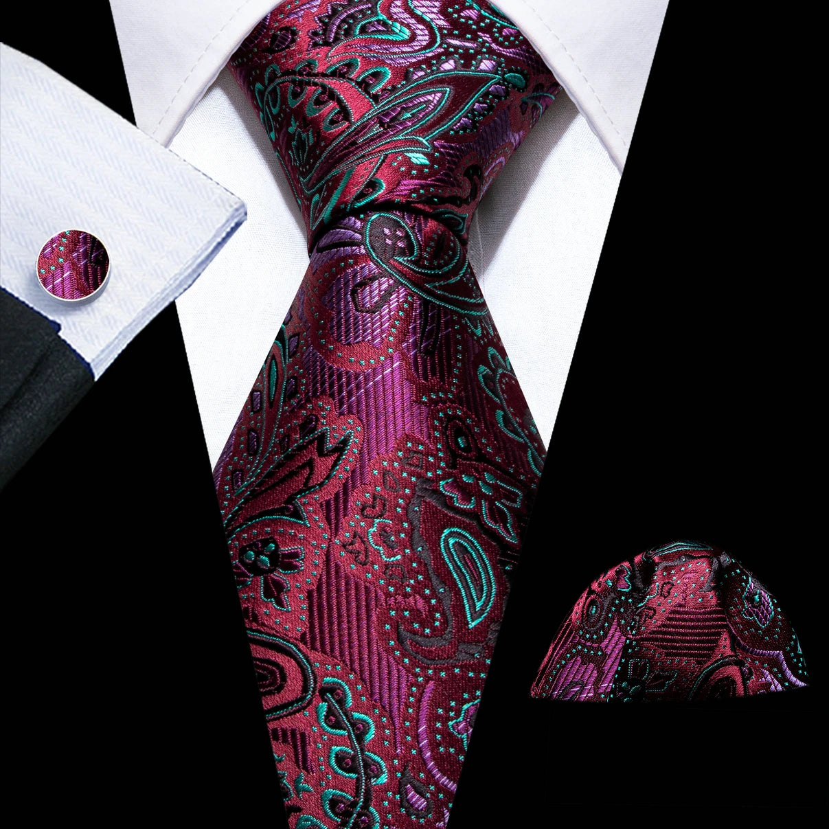 Cravate de mariage en soie rouge, tissée en jacquard, rayée, pour homme, ensemble cravate, mouchoir, boutons de manchette, Barry.Wang, créateur de mode FA-5028