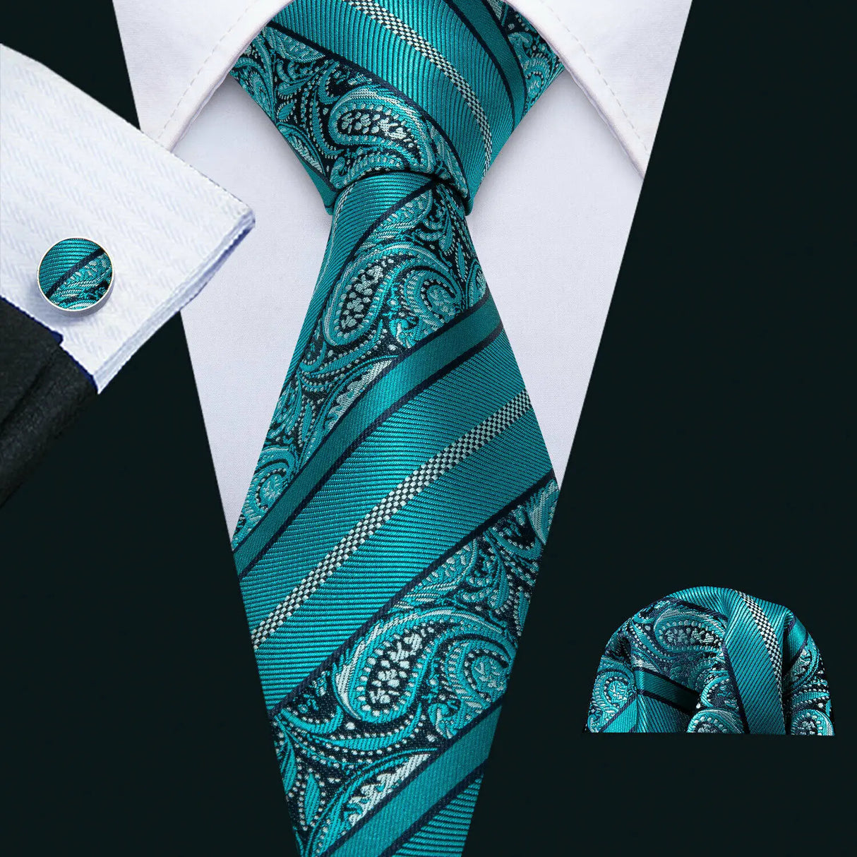 Cravate fantaisie en soie bleu sarcelle pour homme, marque de luxe solide, pochette, boutons de manchette, ensemble de cravates de haute qualité pour fête de mariage Barry.Wang