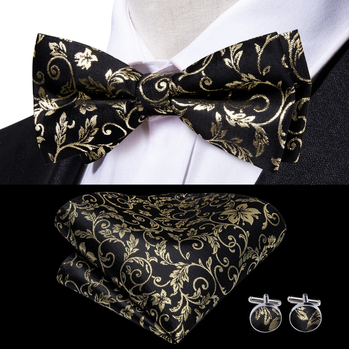 Hi-Tie Jacquard Silk Nœud papillon pour homme, ensemble de boutons de manchette et mouchoir, nœud papillon pré-noué, noir, blanc, gris, bleu, rouge, vert, rose, violet