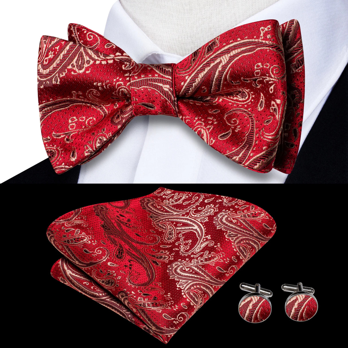 Hi-Tie Ensemble nœud papillon en soie pour homme, mouchoir et boutons de manchette, bleu, rouge, or, noir, blanc, jacquard, nœud papillon, mariage, affaires