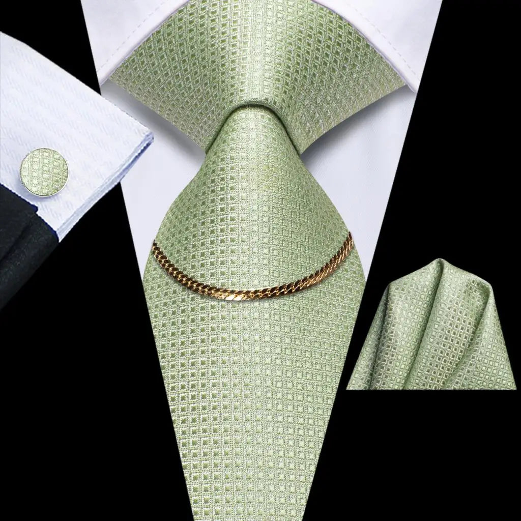 Hi-Tie Business Black Luxury Plaid Mens Tie Silk Neckties Fashion Tie Chain Hanky Cufflinks Set Design Gift For Men Wedding