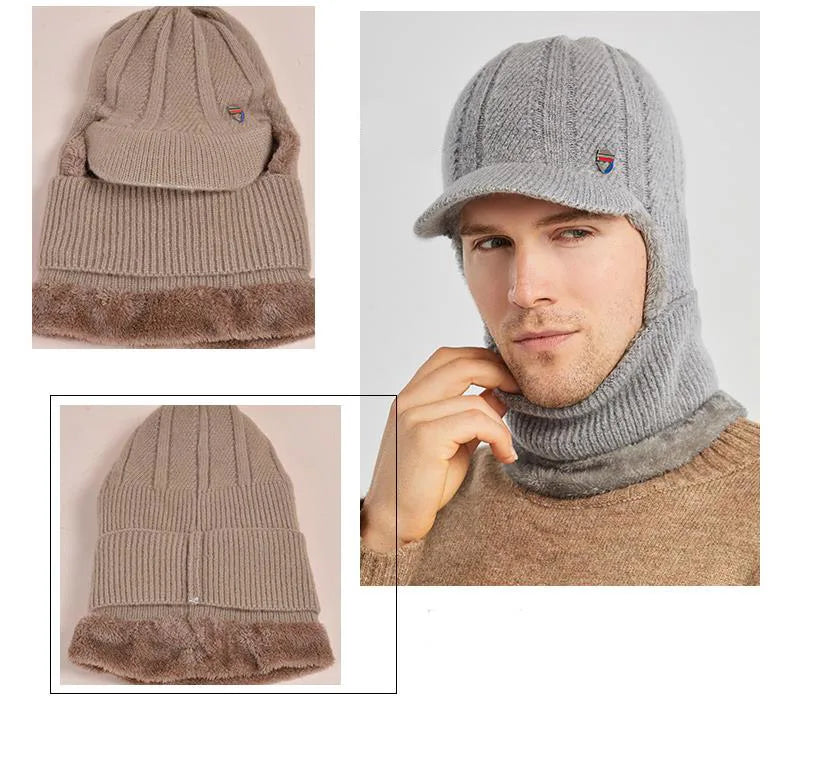 Fashion Flat Brim Men's Solid Colour Hat Winter Warm Woolen Ski Warm Hat Ear Plugs Windproof Scarf and Mask in one Knitted Cap