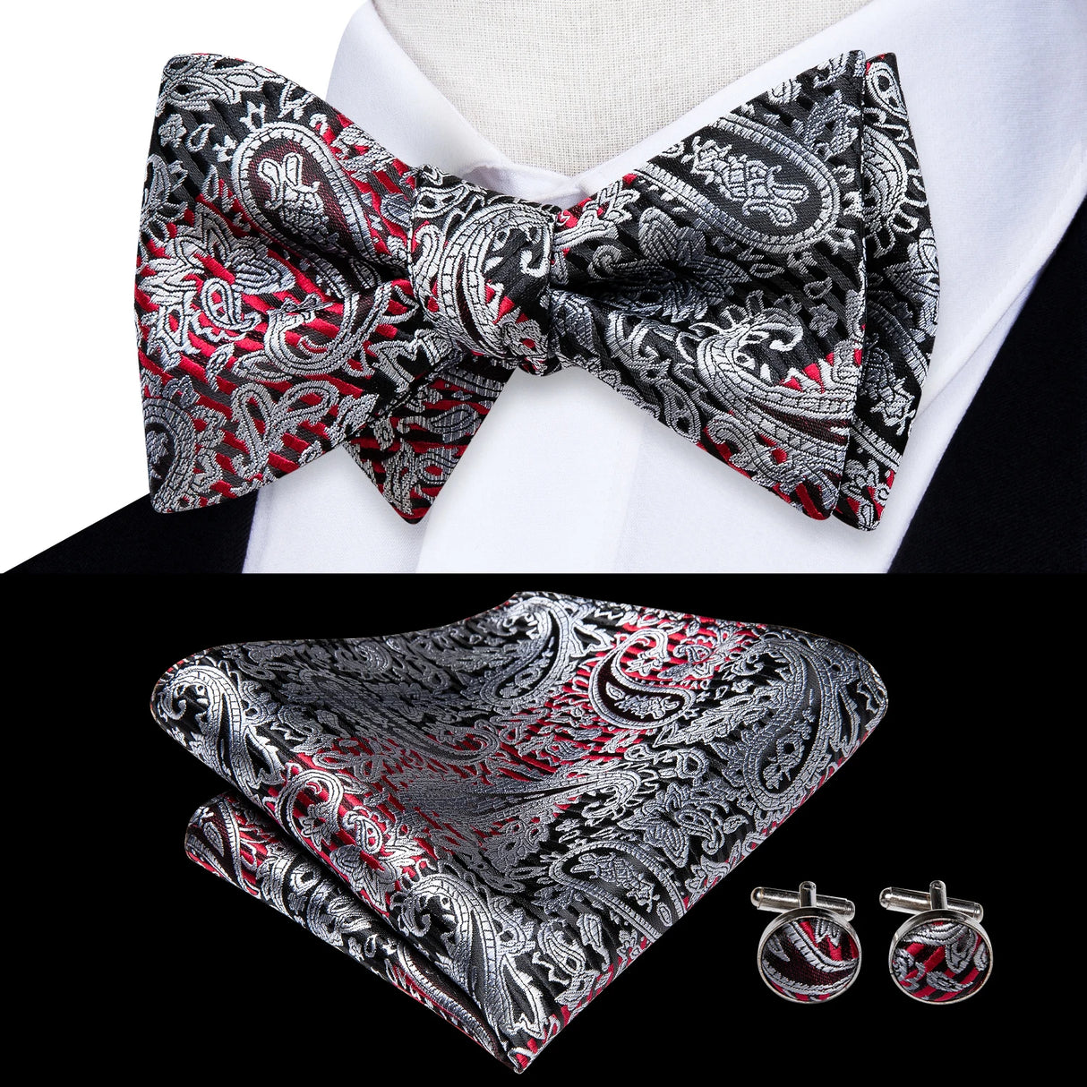 Hi-Tie Ensemble nœud papillon en soie pour homme, mouchoir et boutons de manchette, bleu, rouge, or, noir, blanc, jacquard, nœud papillon, mariage, affaires