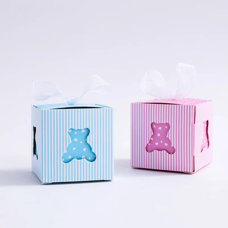 10 Stück Cartoon-Bären-Süßigkeitenbox mit Bändern für Baby-Mädchen-Jungen-Geschlechts-Enthüllungsparty-Babyparty-Party-Gastgeschenkboxen