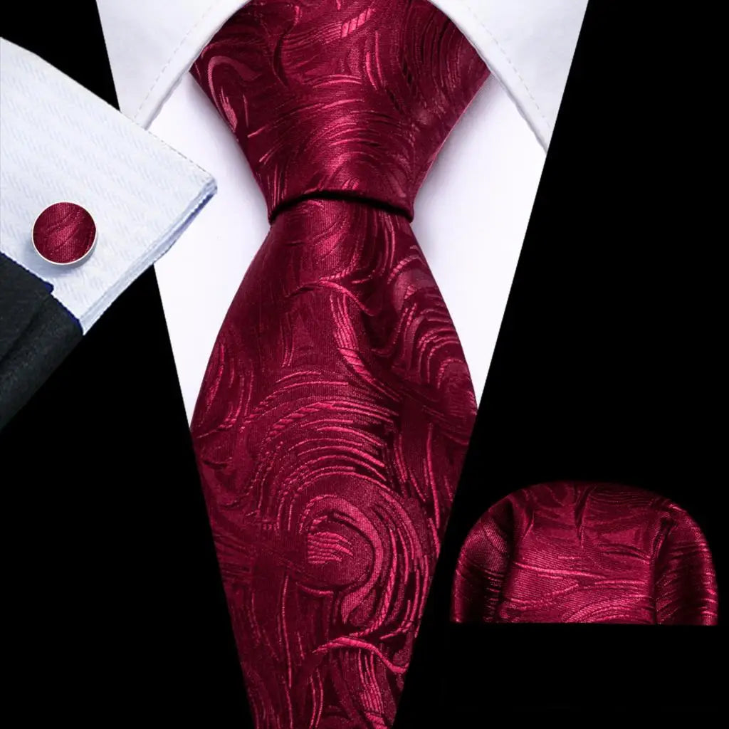 Barry.Wang Ensemble cravate et boutons de manchette en soie pour homme, motif jacquard, rouge, bordeaux, rose, pour mariage, affaires, fête