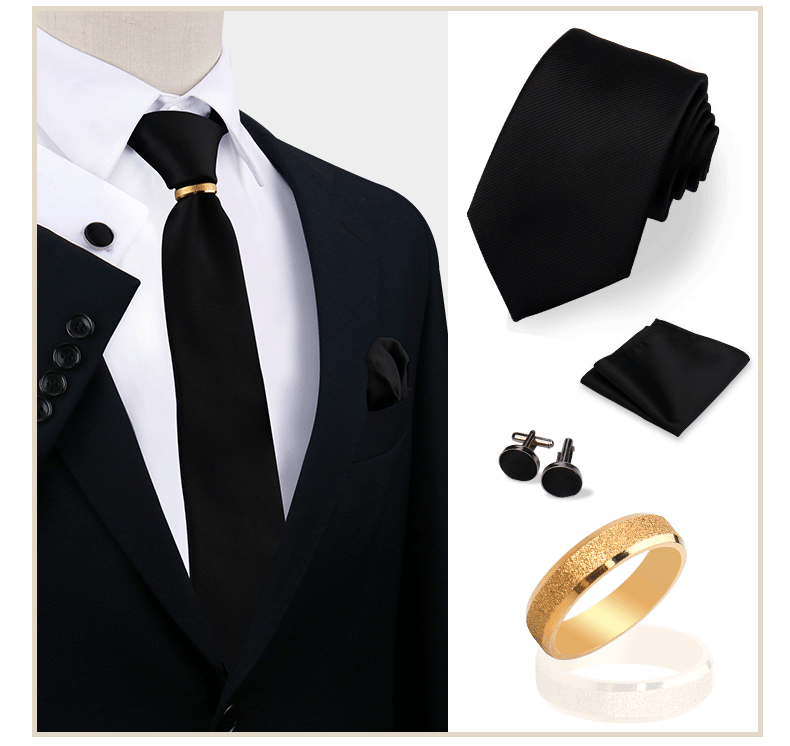 Ensemble de cravates en soie de luxe pour hommes, cravate, mouchoir, boutons de manchette avec anneau en métal doré, broche, costume, fête de mariage, accessoires pour hommes