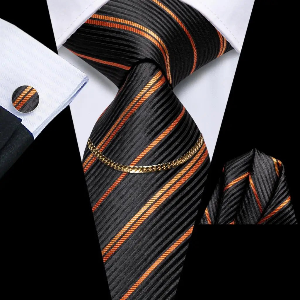 Hi-Tie Business Black Luxury Plaid Mens Tie Silk Neckties Fashion Tie Chain Hanky Cufflinks Set Design Gift For Men Wedding