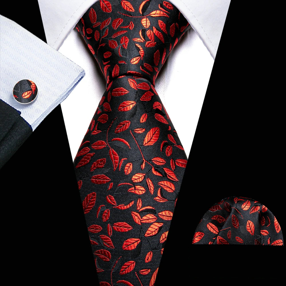 Barry.Wang Ensemble cravate et boutons de manchette en soie pour homme, motif jacquard, rouge, bordeaux, rose, pour mariage, affaires, fête