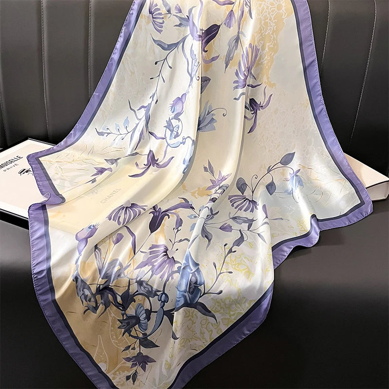 Foulard carré en satin de soie imprimé pour femme, hijab, bandana, 90 cm