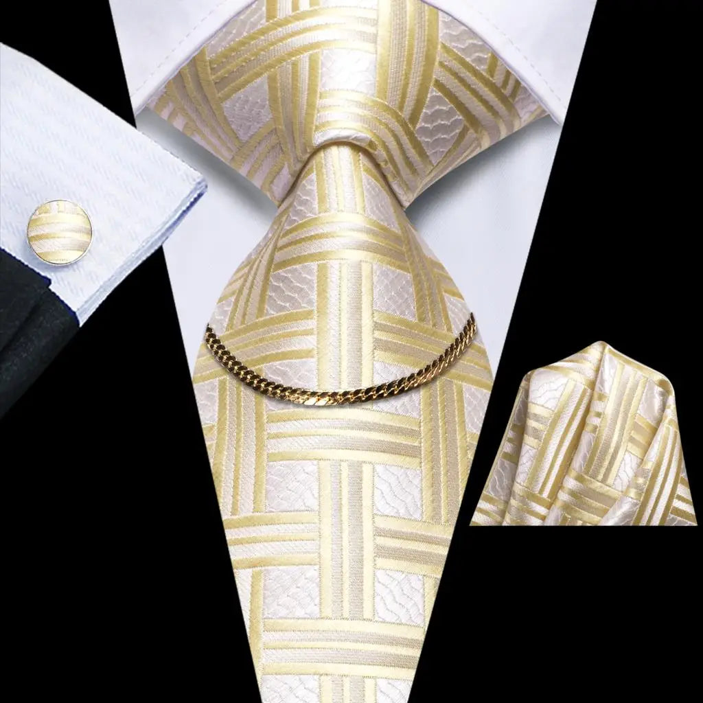 Hi-Tie Business Black Luxury Plaid Mens Tie Silk Neckties Fashion Tie Chain Hanky Cufflinks Set Design Gift For Men Wedding