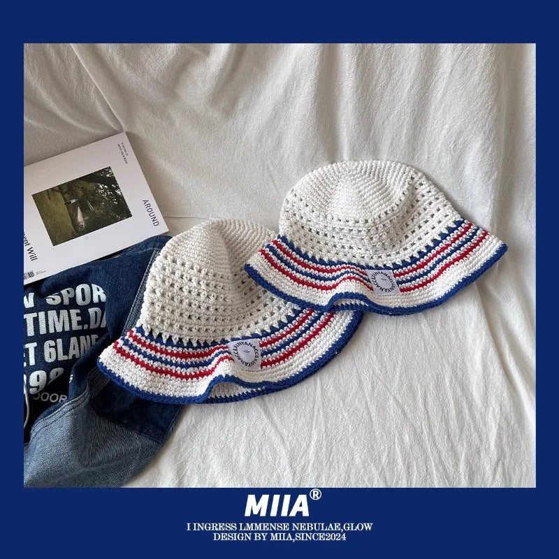 Spring and Summer Hand-knitted Wool Hollow Men Bucket Hat Outdoor Sunshade Breathable Soft Top Color Matching Women's Sun Cap