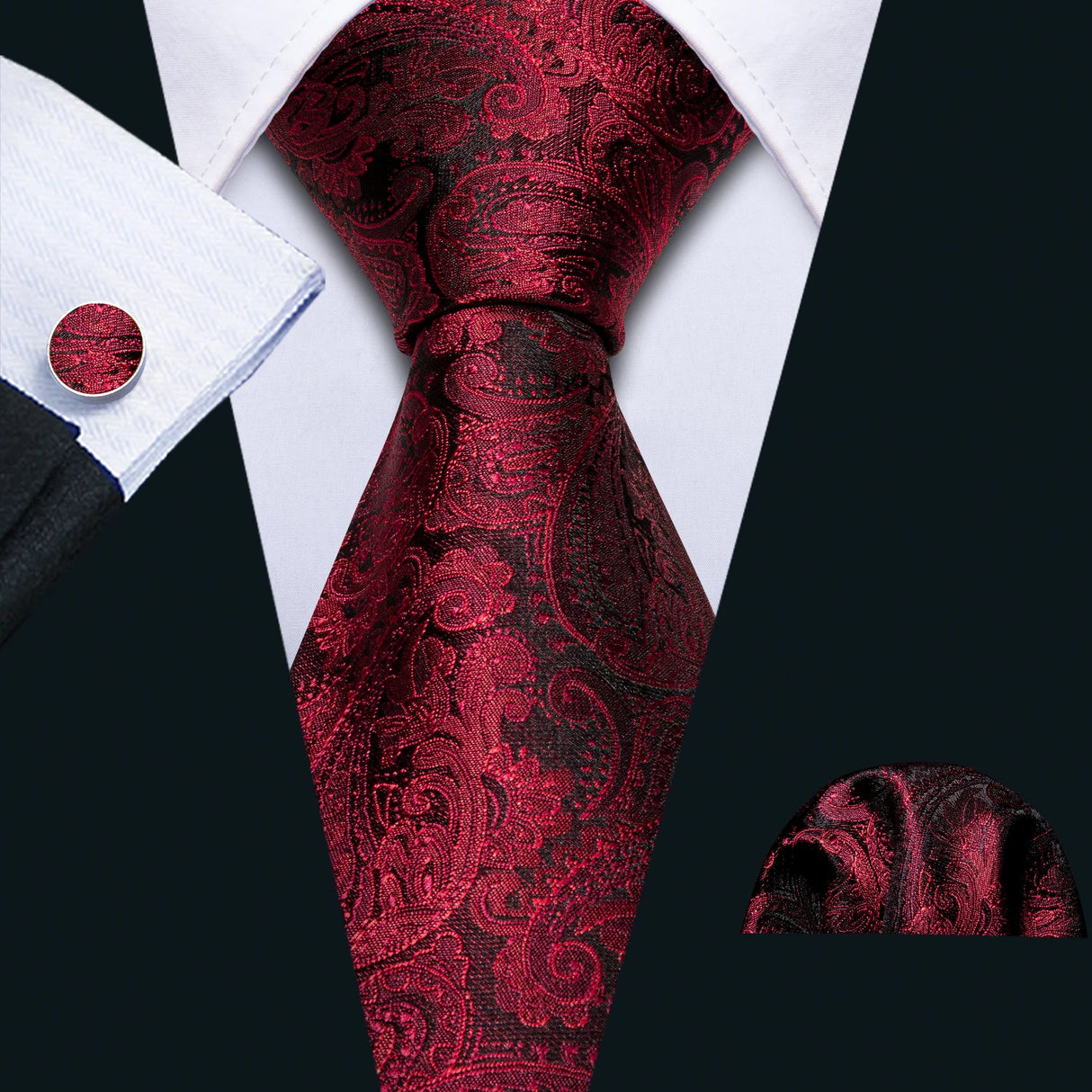 Barry.Wang Ensemble cravate et boutons de manchette en soie pour homme, motif jacquard, rouge, bordeaux, rose, pour mariage, affaires, fête
