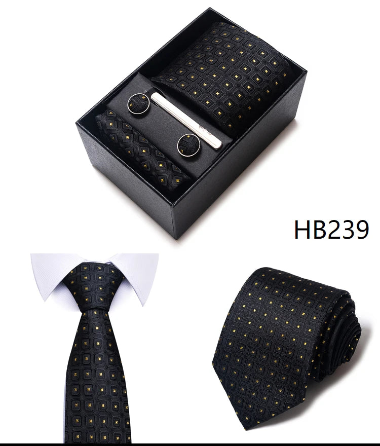 65 Colors Fashion Tie Handkerchief Set Tie Clip Necktie Box Man's Shirt Dark Red Accessories Men Wedding Holiday Gift