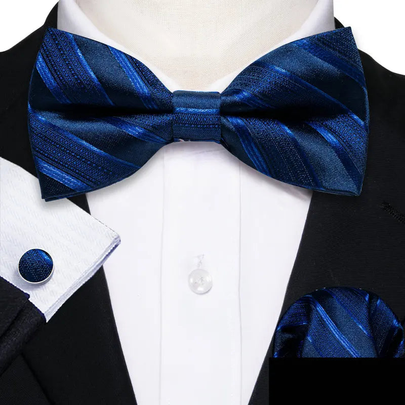 Barry.Wang Nœud papillon en soie bleu marine royal bleu ciel pour homme, ensemble de boutons de manchette, mouchoir, motif cachemire jacquard, motif floral, pour mariage et affaires